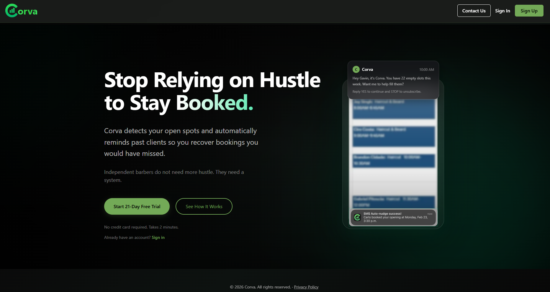 Corva's home page with a text message reminder shown on a phone