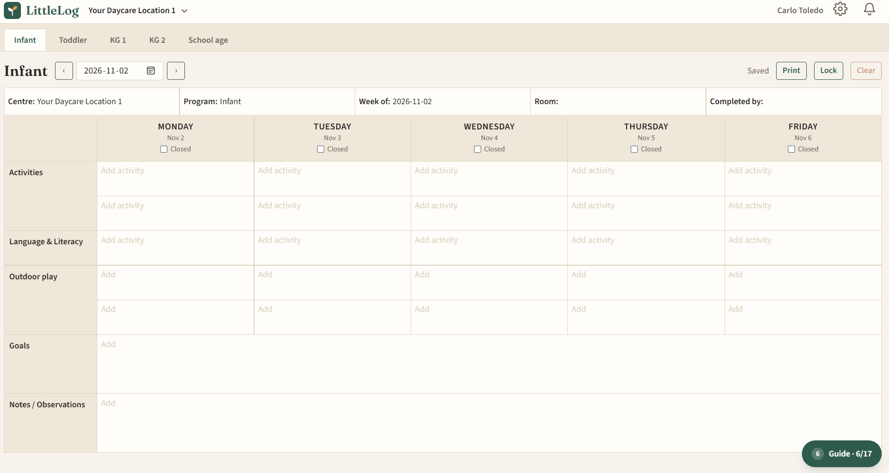 LittleLog's weekly planner, a Monday to Friday grid for activities, goals and notes